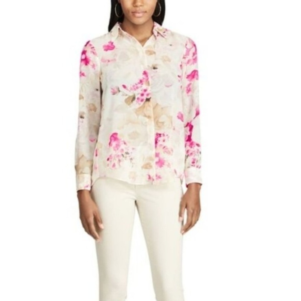 Chaps Womens Pink‎ Floral Button Down Shirt Pleated Back Blouse Feminine 3XNew - Picture 2 of 11